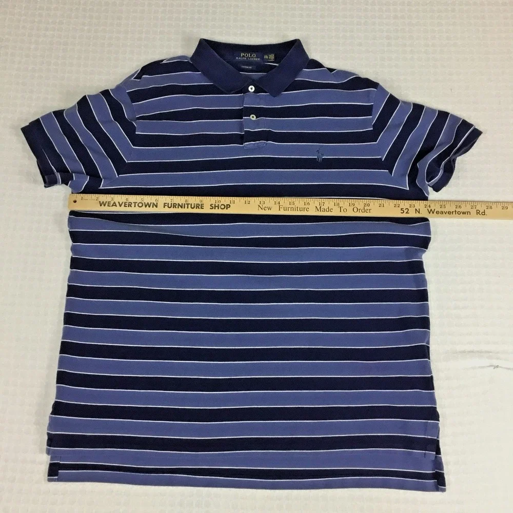 Polo Ralph Lauren Mens XXL Custom Fit Blue Striped Short Sleeve Pique Polo Shirt